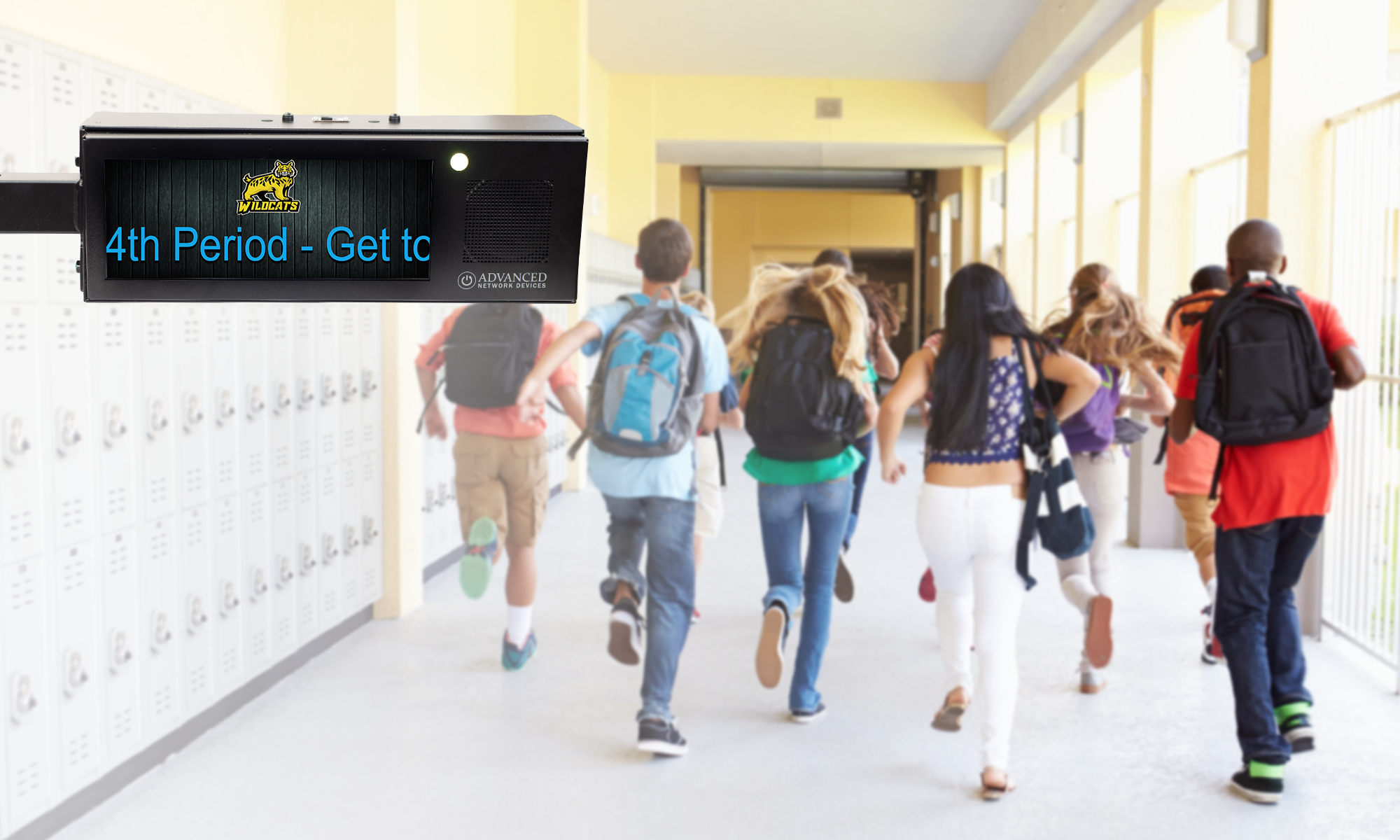 bell-scheduling-on-double-sided-hd-ip-display-in-school-hallway