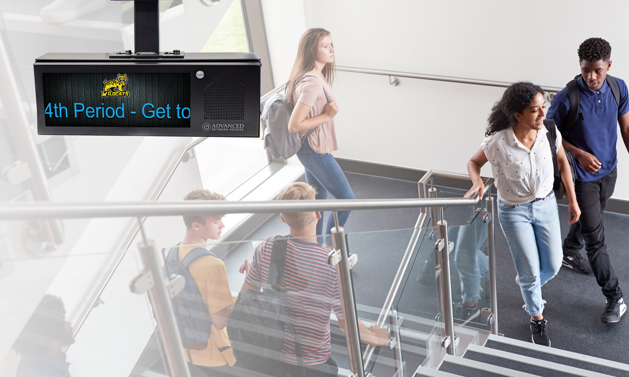 bell-scheduling-on-double-sided-hd-ip-display-in-school-stairway