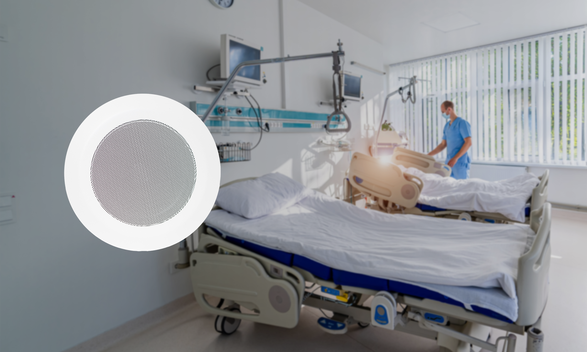 sound-masking-on-round-ceiling-ip-speaker-in-healthcare-facility